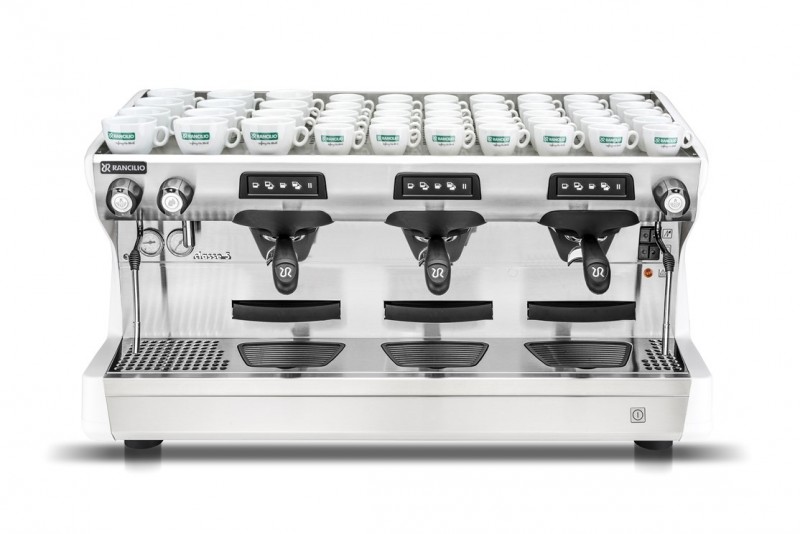 This image is a front view of the Rancilio Classe 5 Tall with USB | Ice White | 3 Group with Larger Deck Area | Volumetric Dosing